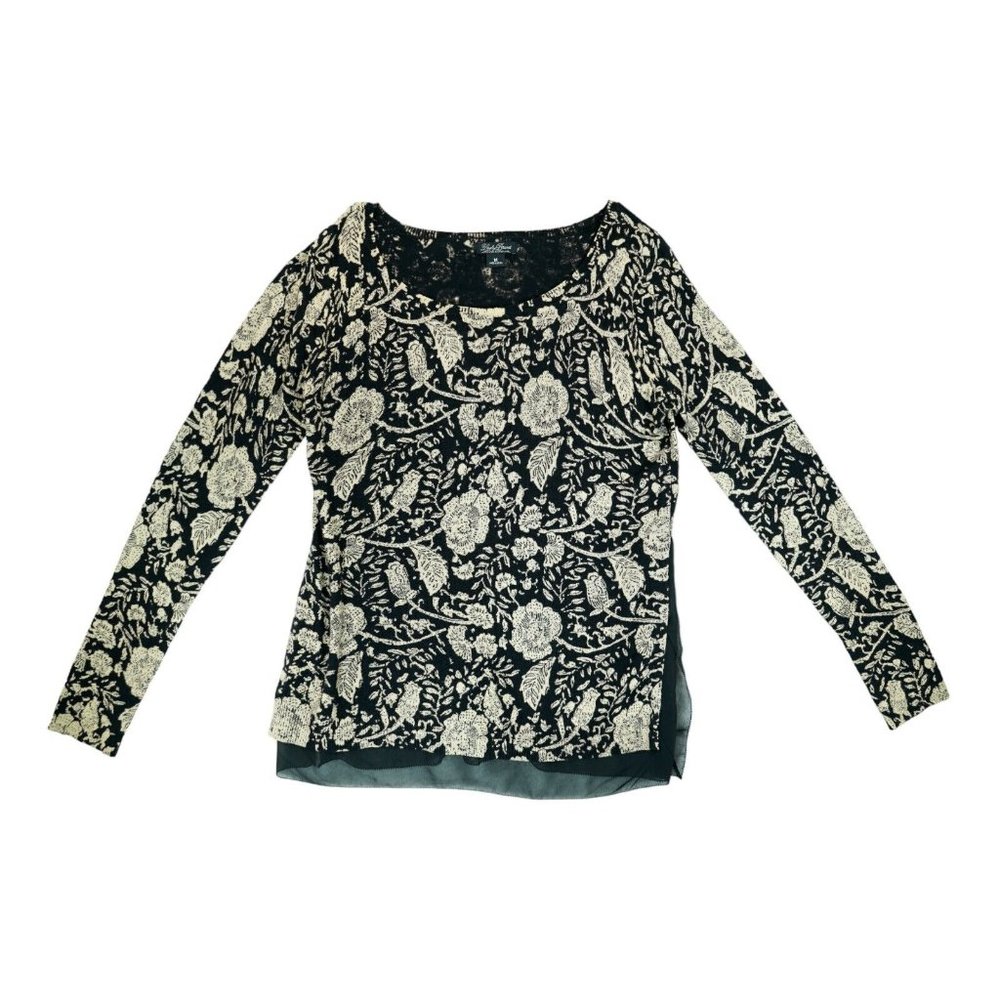 LUCKY BRAND Black Tan Floral Long Sleeve Sheer Detail Sweater Womens M Medium